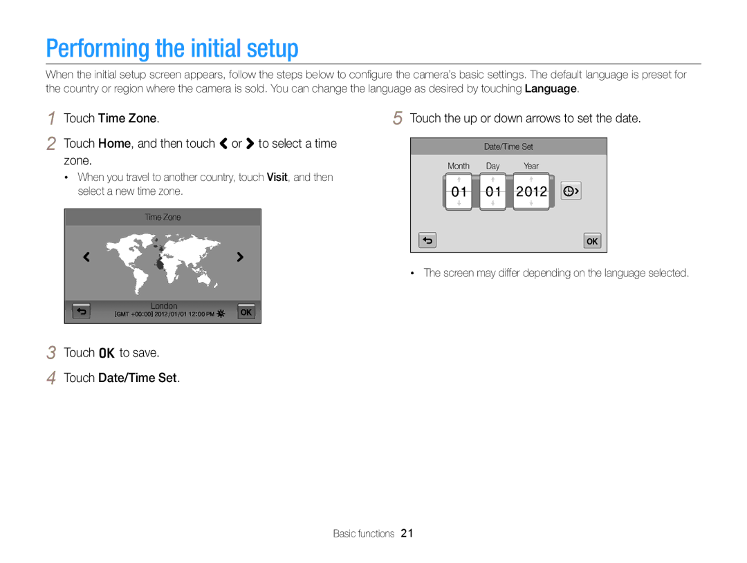 Samsung ECMV900FBPWUS appendix Performing the initial setup, Touch the up or down arrows to set the date 