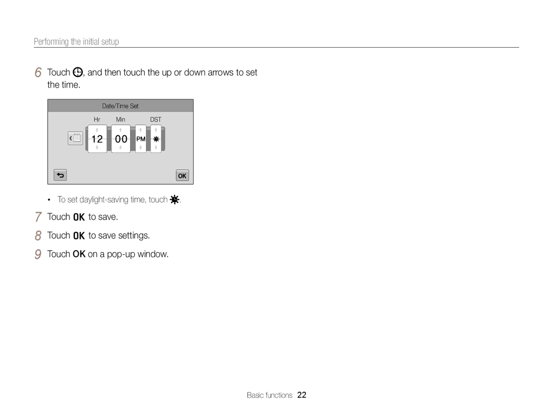 Samsung ECMV900FBPWUS appendix Performing the initial setup, To set daylight-saving time, touch 