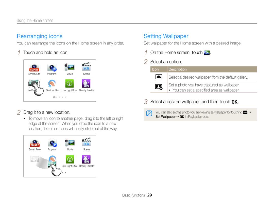 Samsung ECMV900FBPWUS appendix Rearranging icons, Setting Wallpaper 