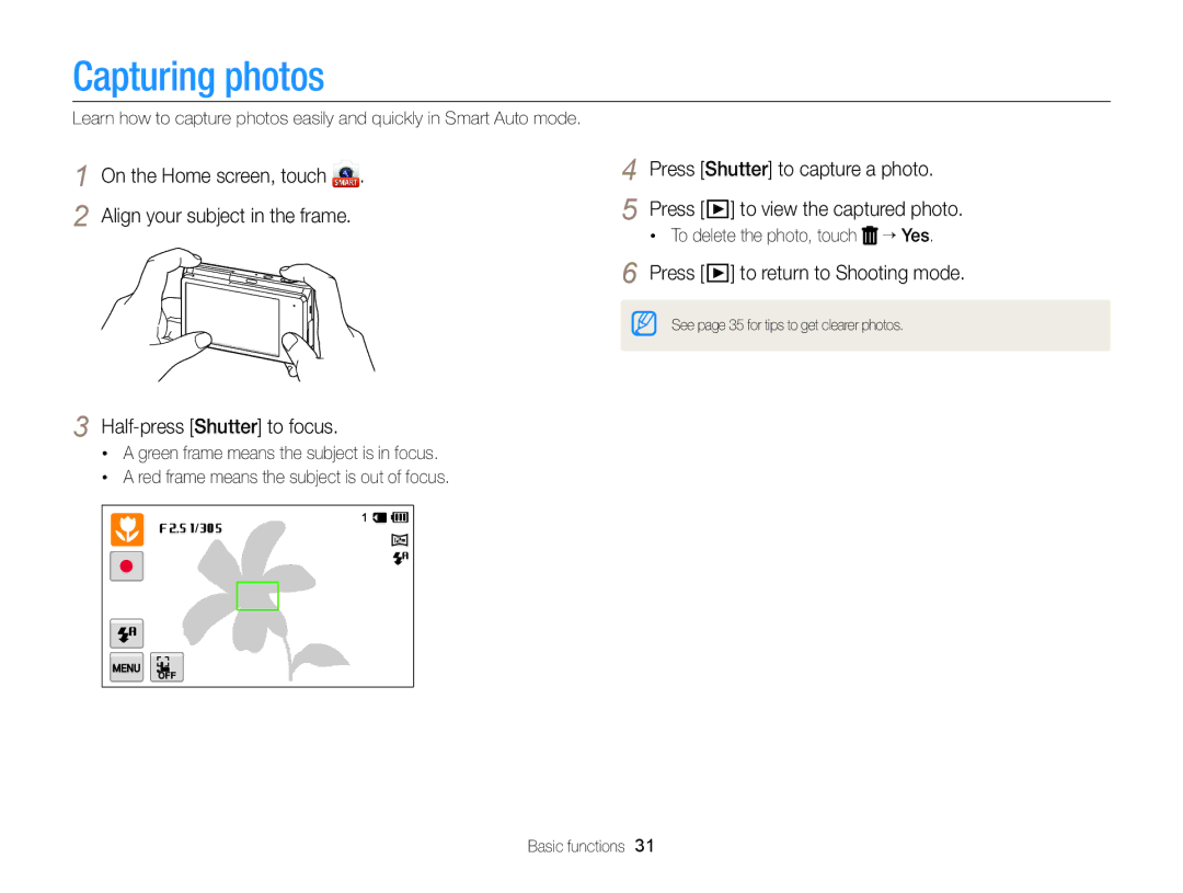 Samsung ECMV900FBPWUS appendix Capturing photos, Press p to return to Shooting mode, To delete the photo, touch “ Yes 