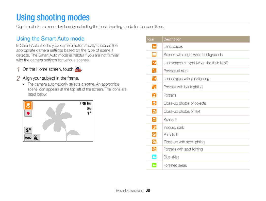 Samsung ECMV900FBPWUS appendix Using shooting modes, Using the Smart Auto mode 