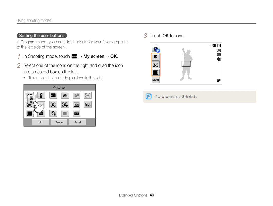 Samsung ECMV900FBPWUS appendix To remove shortcuts, drag an icon to the right, Touch OK to save, Setting the user buttons 