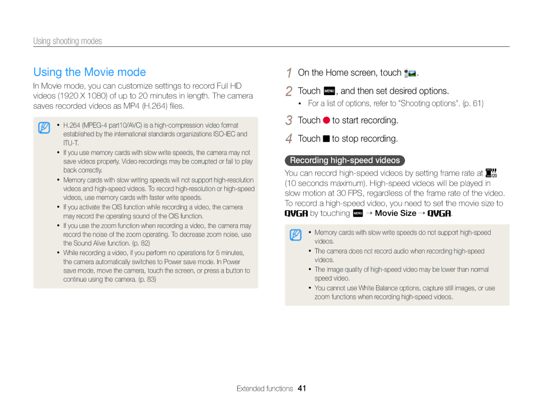 Samsung ECMV900FBPWUS Using the Movie mode, Touch to start recording Touch to stop recording, Recording high-speed videos 