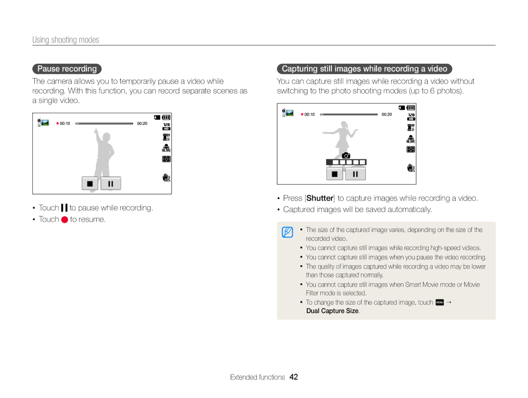 Samsung ECMV900FBPWUS appendix Pause recording, Capturing still images while recording a video 