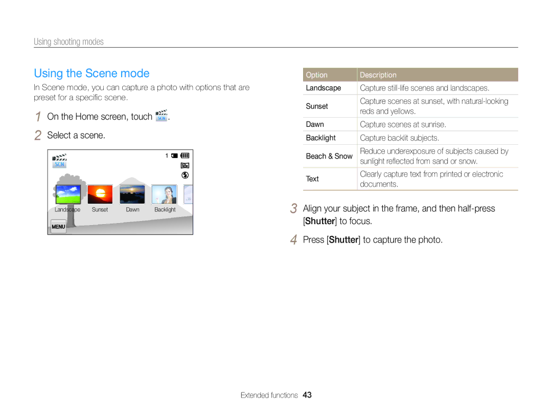 Samsung ECMV900FBPWUS appendix Using the Scene mode, On the Home screen, touch Select a scene, Option Description 