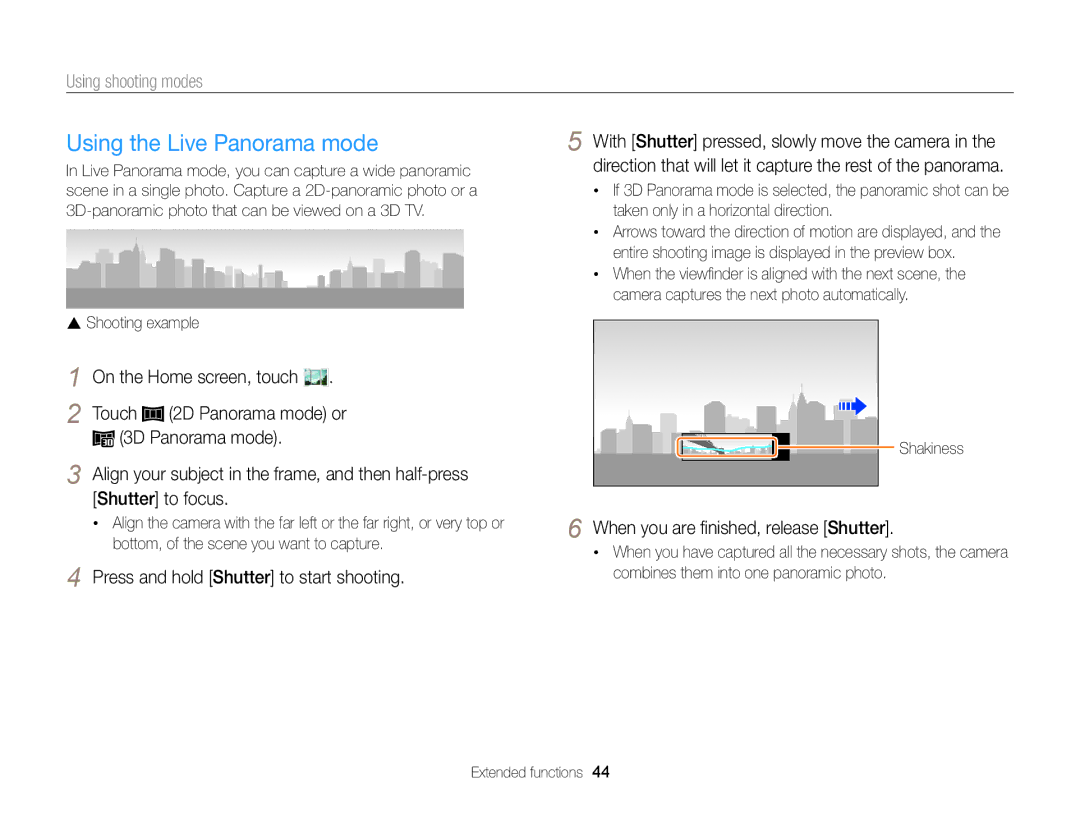Samsung ECMV900FBPWUS appendix Using the Live Panorama mode, 3D Panorama mode, Press and hold Shutter to start shooting 