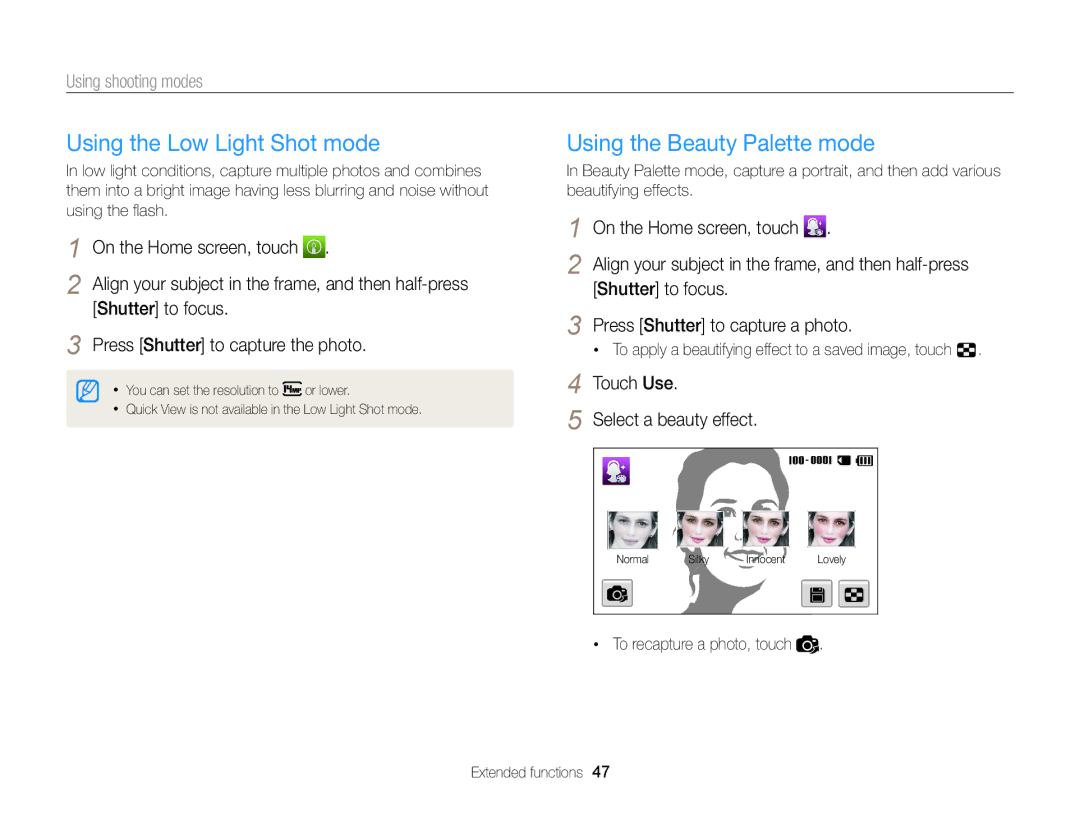 Samsung ECMV900FBPWUS appendix Using the Low Light Shot mode, Using the Beauty Palette mode, Shutter to focus 