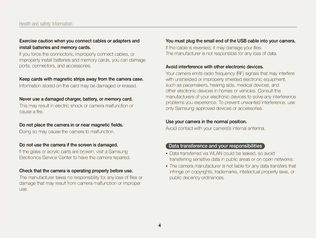 Samsung ECMV900FBPWUS appendix Data transference and your responsibilities, Do not use the camera if the screen is damaged 