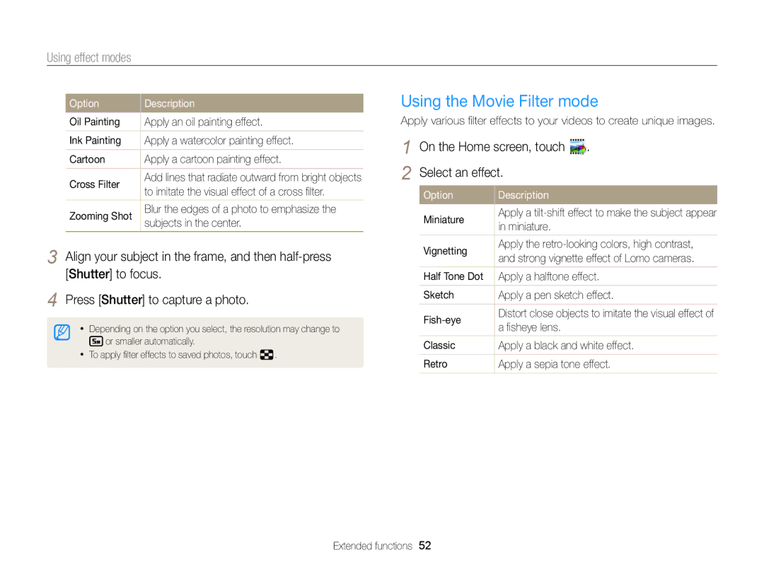 Samsung ECMV900FBPWUS appendix Using the Movie Filter mode, On the Home screen, touch Select an effect 