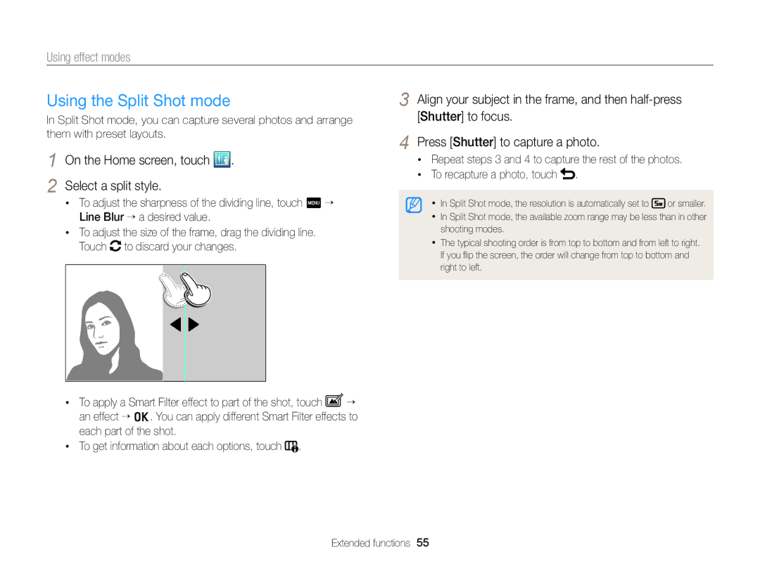 Samsung ECMV900FBPWUS appendix Using the Split Shot mode, On the Home screen, touch Select a split style 