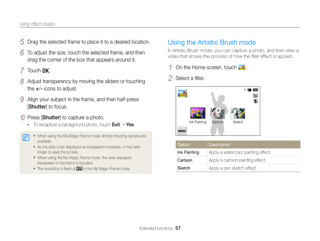 Samsung ECMV900FBPWUS appendix Using the Artistic Brush mode, On the Home screen, touch Select a ﬁlter 