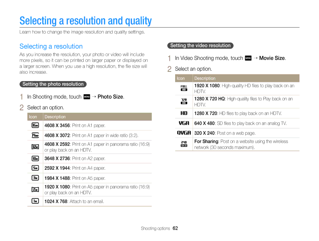 Samsung ECMV900FBPWUS appendix Selecting a resolution and quality, Shooting mode, touch m “ Photo Size Select an option 