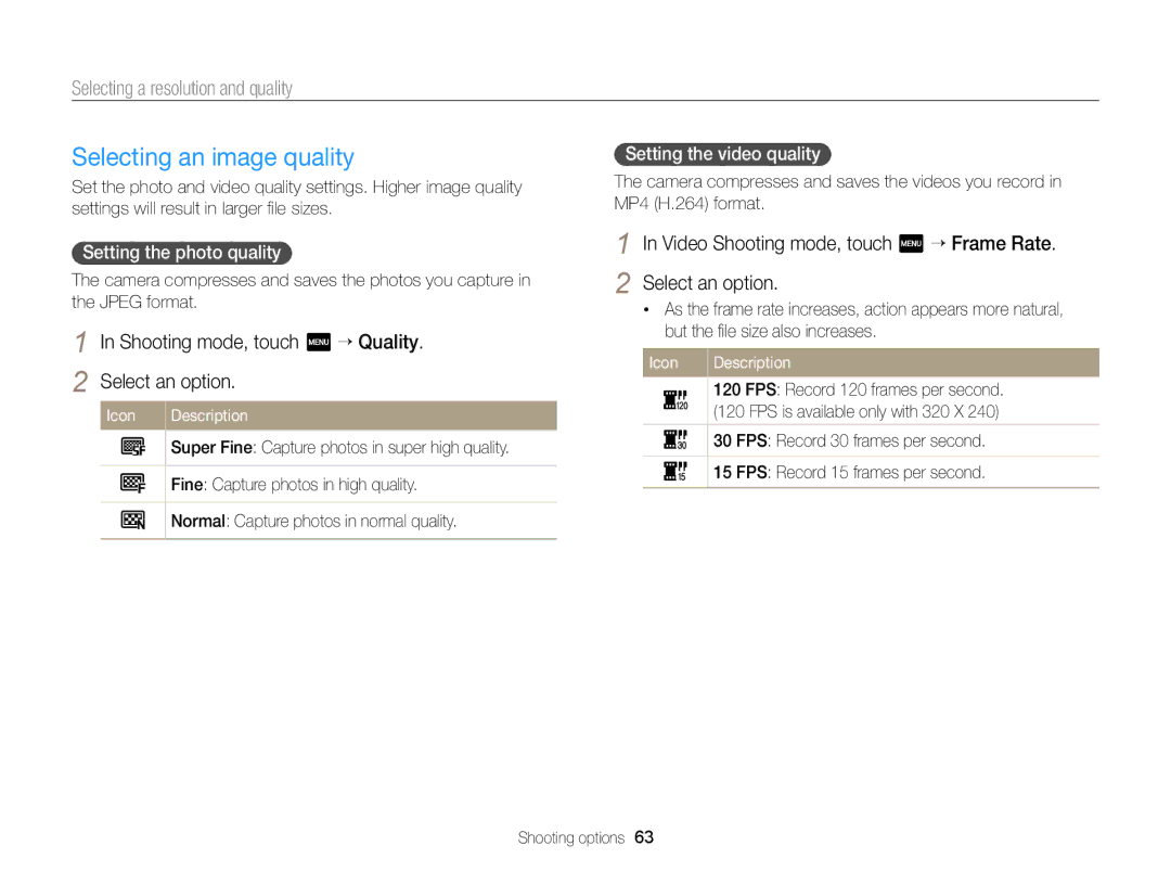 Samsung ECMV900FBPWUS appendix Selecting an image quality, Selecting a resolution and quality 