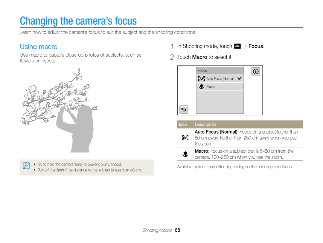 Samsung ECMV900FBPWUS Changing the camera’s focus, Using macro, Shooting mode, touch m “ Focus Touch Macro to select it 