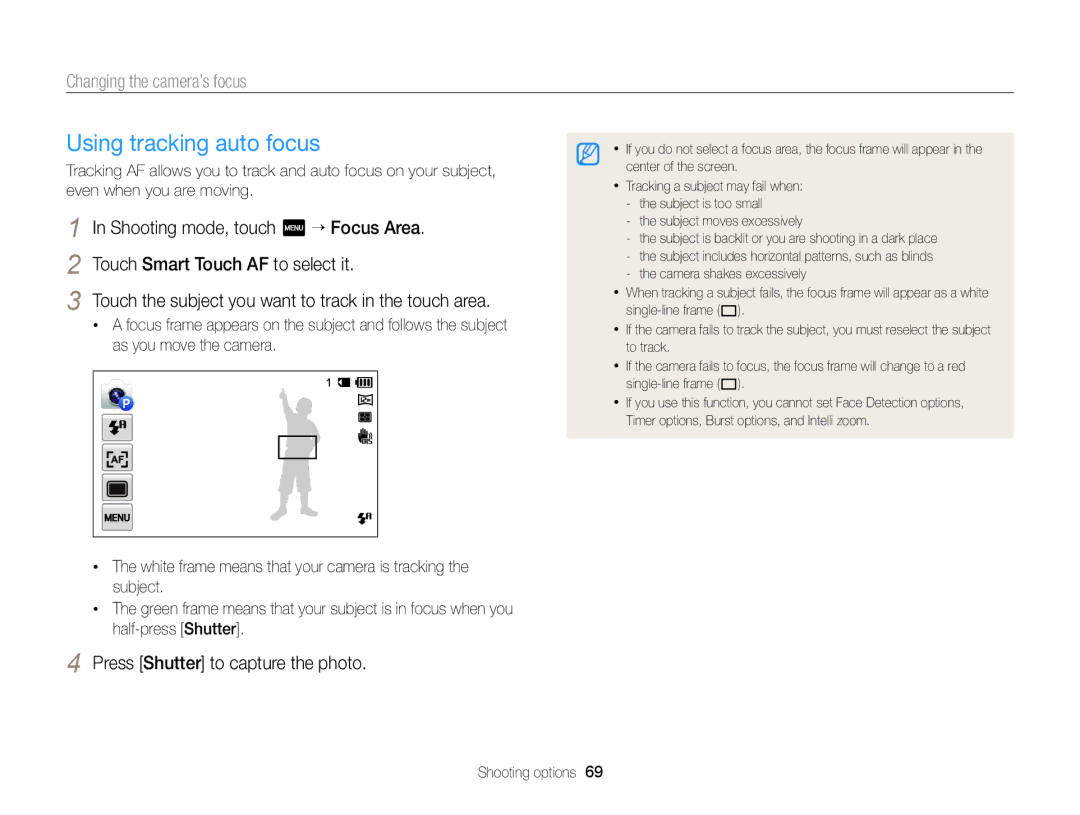 Samsung ECMV900FBPWUS appendix Using tracking auto focus, Changing the camera’s focus 