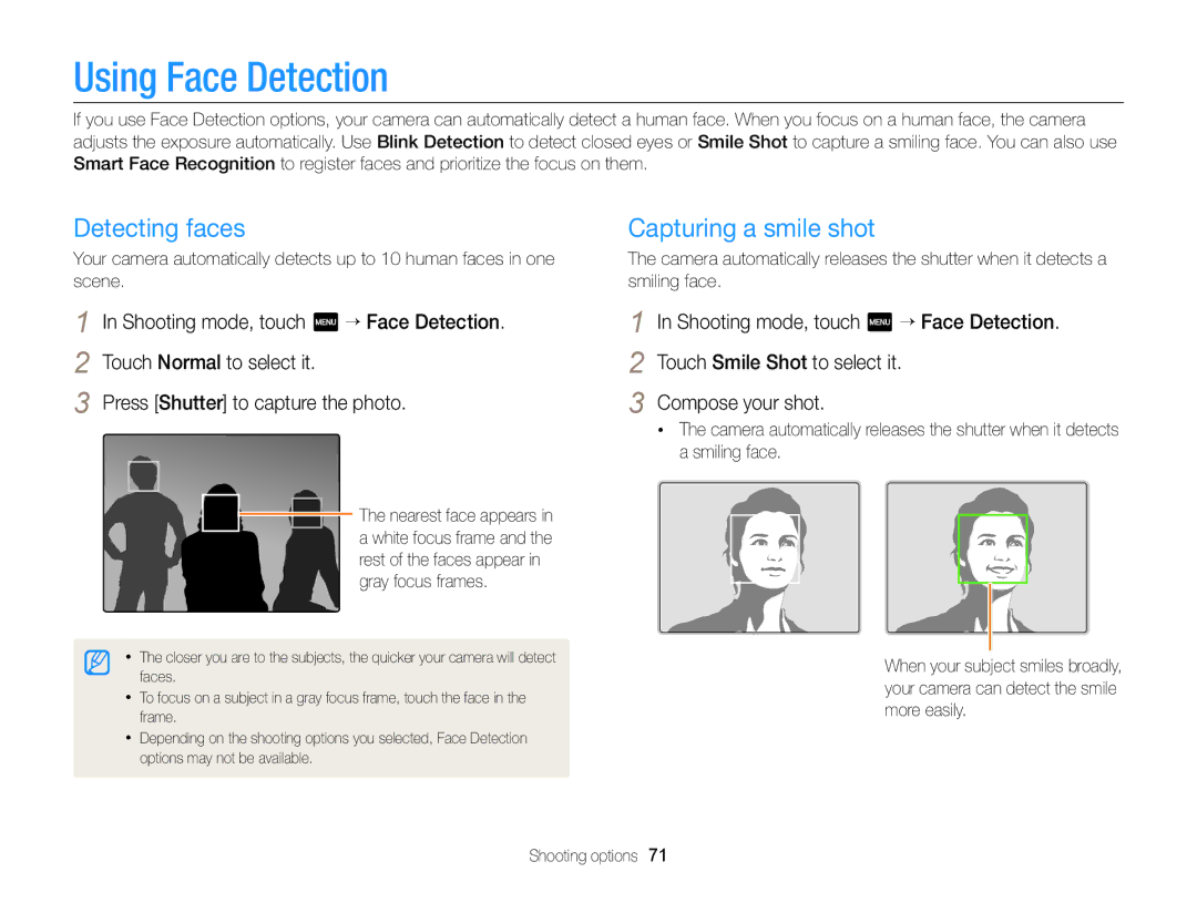 Samsung ECMV900FBPWUS appendix Using Face Detection, Detecting faces, Capturing a smile shot 