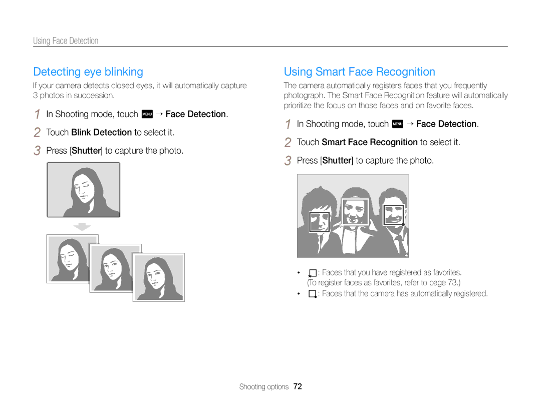 Samsung ECMV900FBPWUS appendix Detecting eye blinking, Using Smart Face Recognition, Using Face Detection 