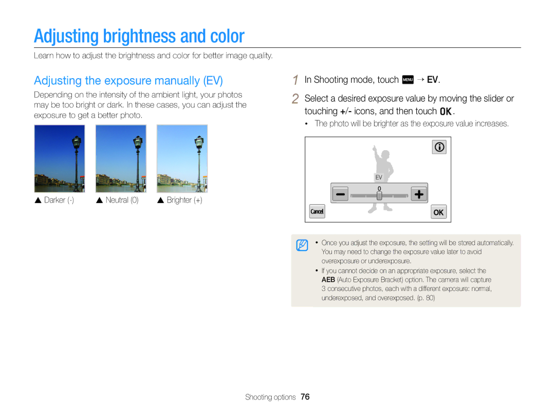 Samsung ECMV900FBPWUS appendix Adjusting brightness and color, Adjusting the exposure manually EV 