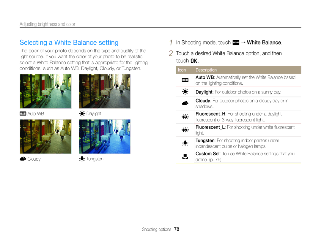 Samsung ECMV900FBPWUS appendix Selecting a White Balance setting 