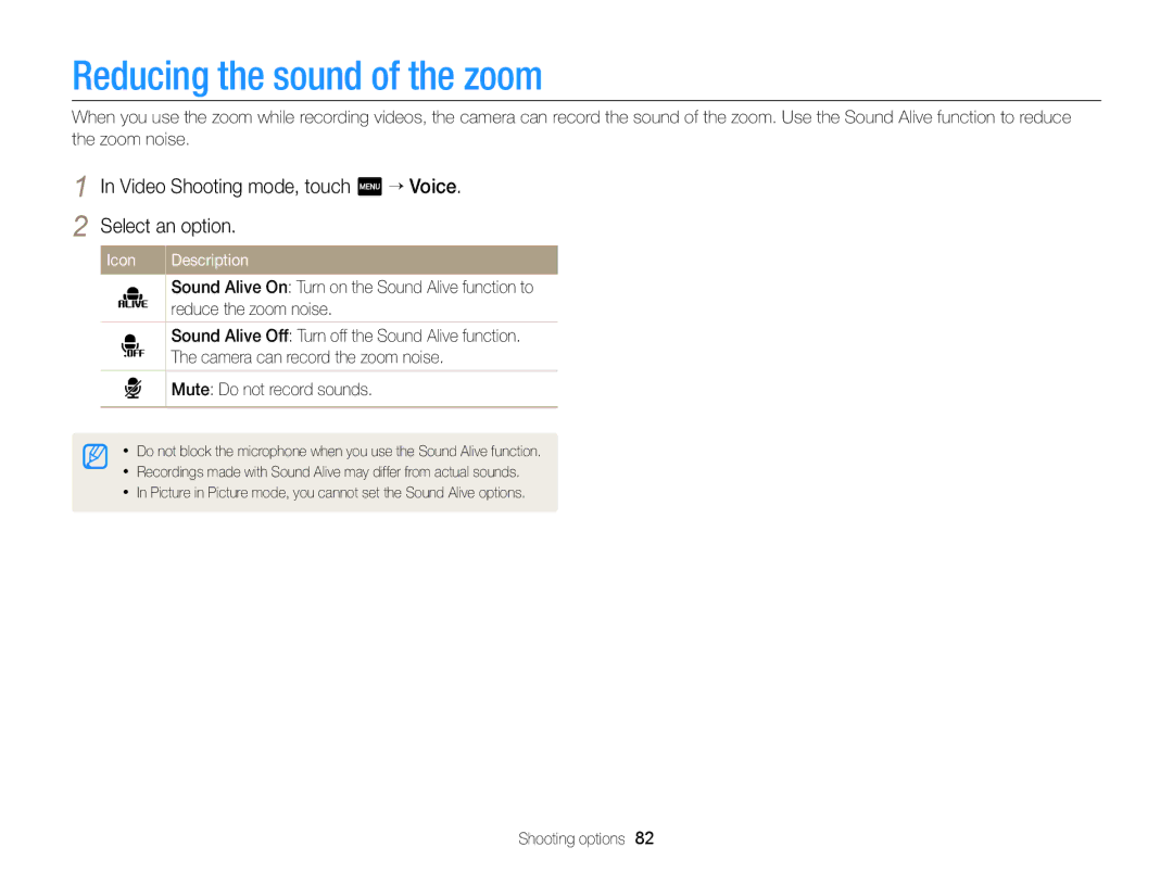 Samsung ECMV900FBPWUS appendix Reducing the sound of the zoom, Video Shooting mode, touch m “ Voice Select an option 