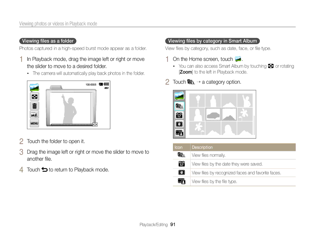 Samsung ECMV900FBPWUS appendix Touch “ a category option, Viewing ﬁles as a folder, Viewing ﬁles by category in Smart Album 