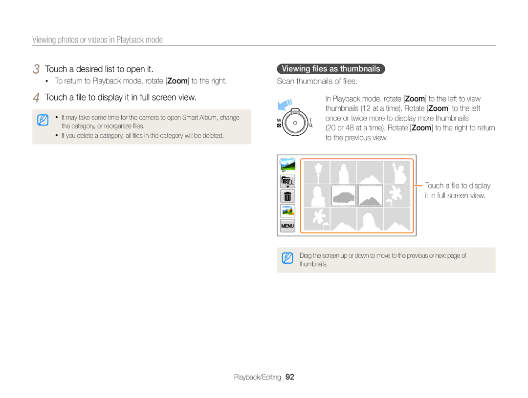 Samsung ECMV900FBPWUS appendix Touch a desired list to open it, Touch a ﬁle to display it in full screen view 