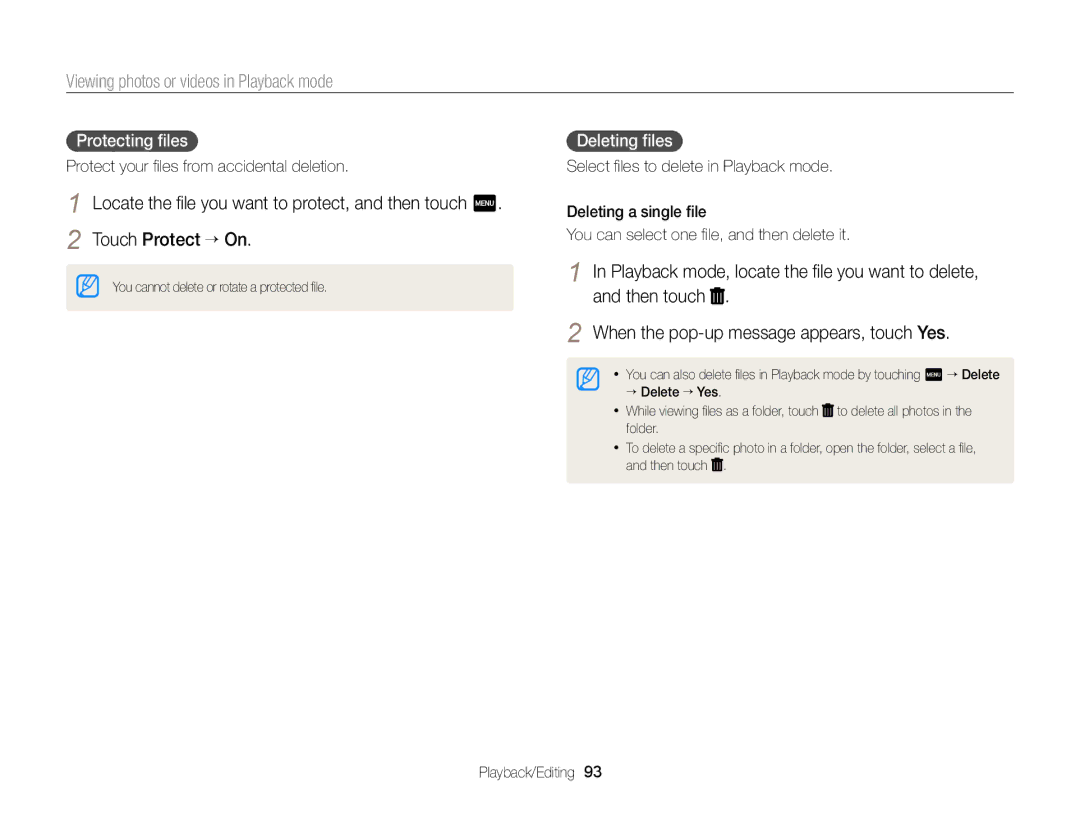 Samsung ECMV900FBPWUS appendix Protecting ﬁles, Deleting ﬁles, Protect your ﬁles from accidental deletion 