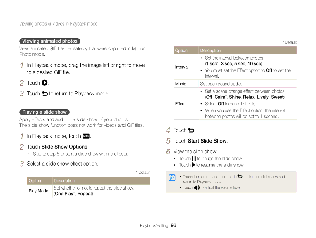 Samsung ECMV900FBPWUS appendix Playback mode, touch m Touch Slide Show Options, Select a slide show effect option 