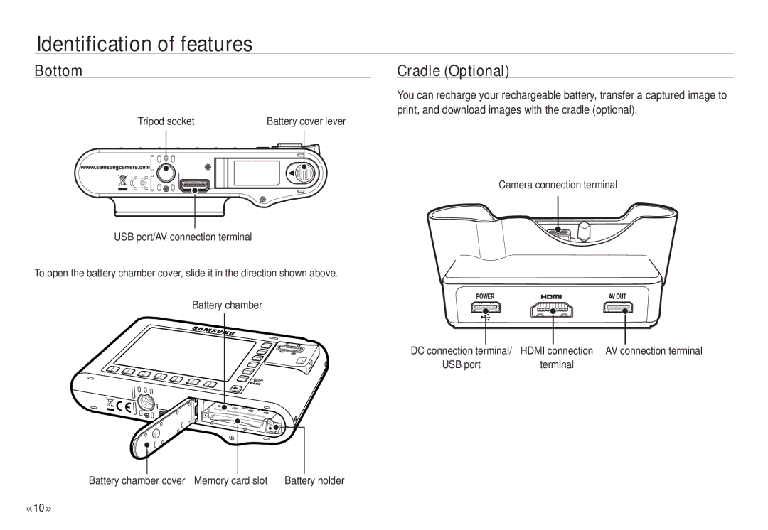 Samsung NV24 HD, ECNV24HBBA manual Bottom, Cradle Optional, Tripod socket, Terminal 