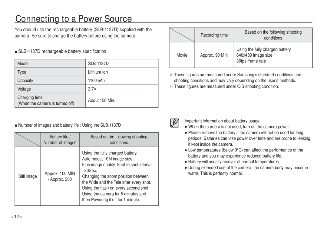 Samsung NV24 HD, ECNV24HBBA manual Connecting to a Power Source, SLB-1137D rechargeable battery specification 