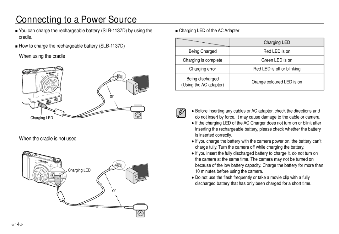 Samsung NV24 HD, ECNV24HBBA manual When the cradle is not used, Charging LED of the AC Adapter 