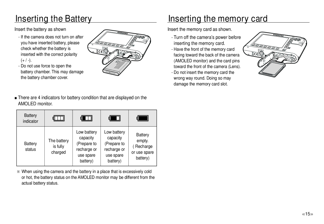 Samsung ECNV24HBBA manual Inserting the Battery, Inserting the memory card, Insert the battery as shown, Battery Indicator 