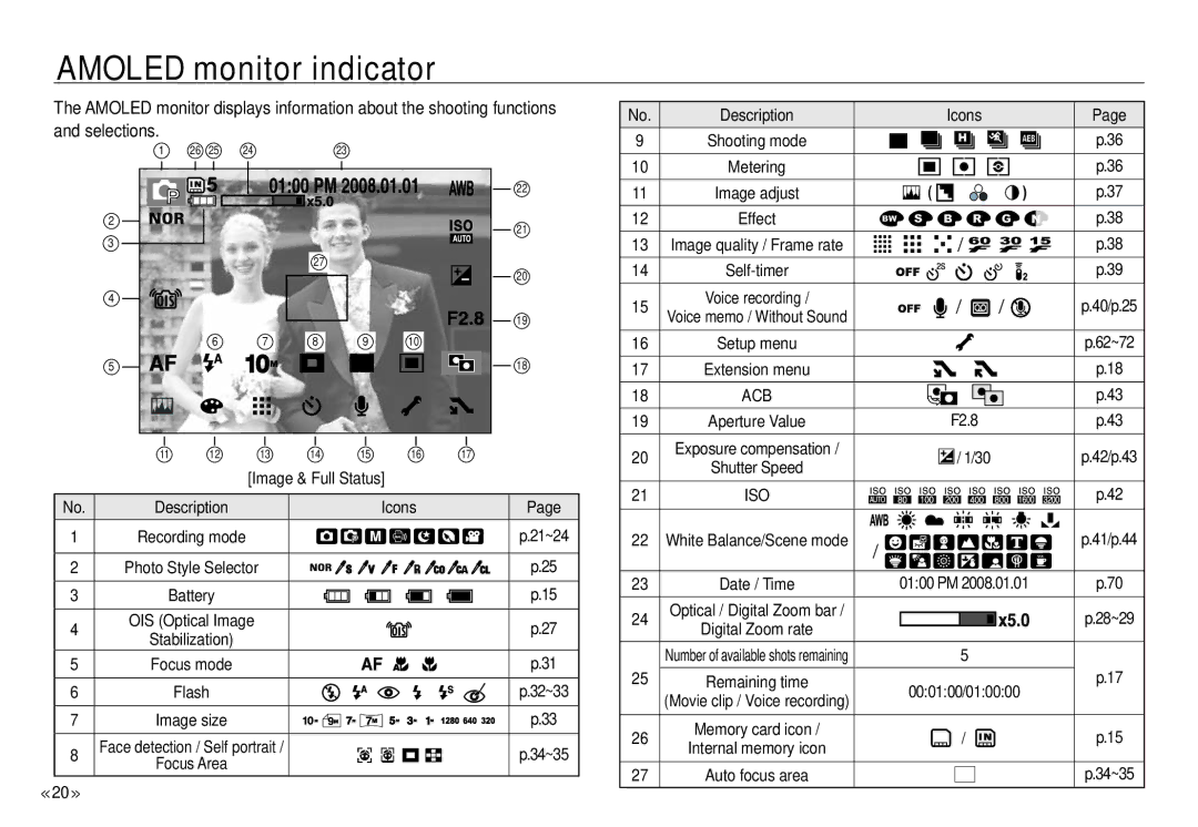 Samsung NV24 HD, ECNV24HBBA manual Amoled monitor indicator, Icons 