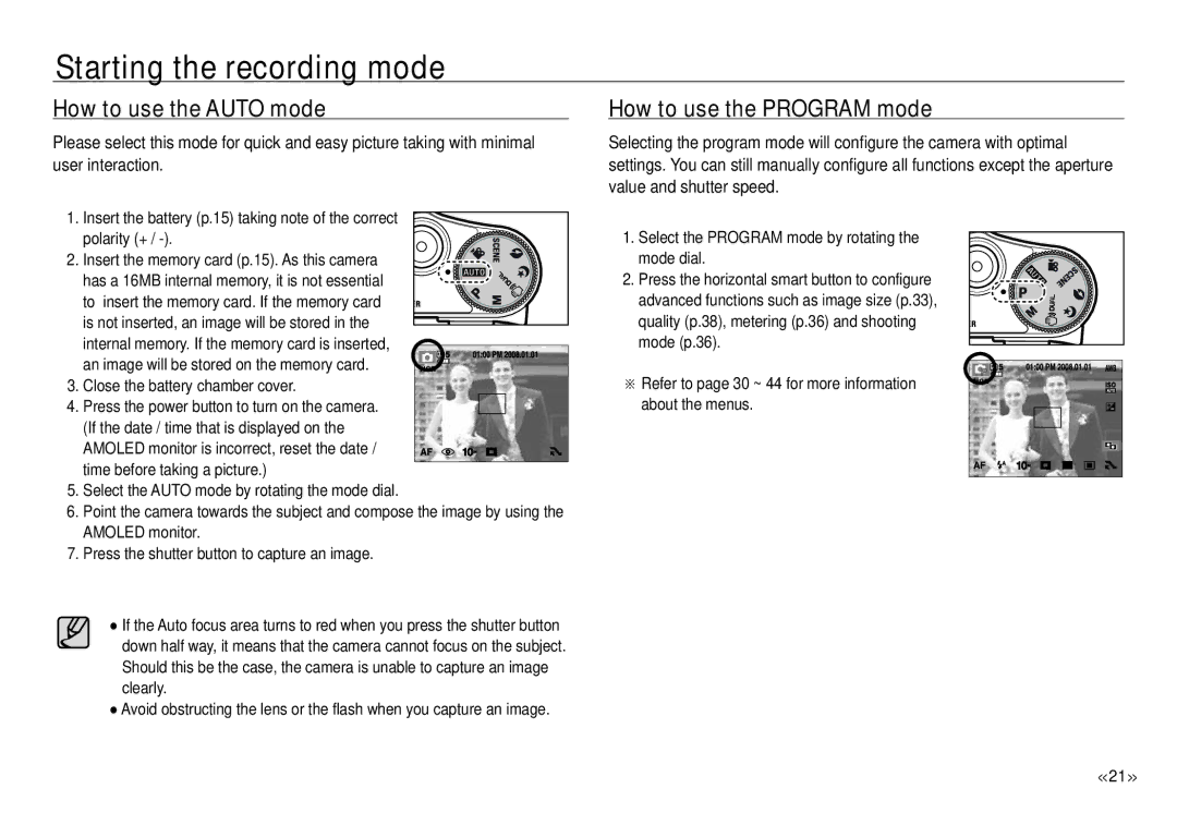 Samsung ECNV24HBBA, NV24 HD manual Starting the recording mode, How to use the Auto mode, How to use the Program mode 