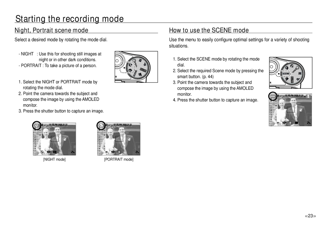 Samsung ECNV24HBBA Night, Portrait scene mode, How to use the Scene mode, Select a desired mode by rotating the mode dial 