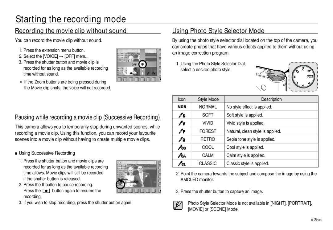 Samsung ECNV24HBBA Recording the movie clip without sound, Using Photo Style Selector Mode, Using Successive Recording 