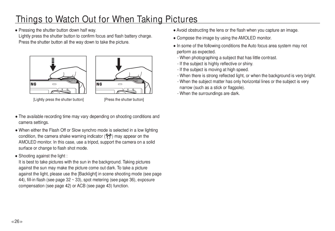 Samsung NV24 HD, ECNV24HBBA manual Things to Watch Out for When Taking Pictures, Pressing the shutter button down half way 