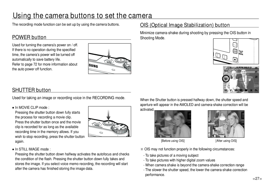 Samsung ECNV24HBBA, NV24 HD manual Using the camera buttons to set the camera, Power button, Shutter button 