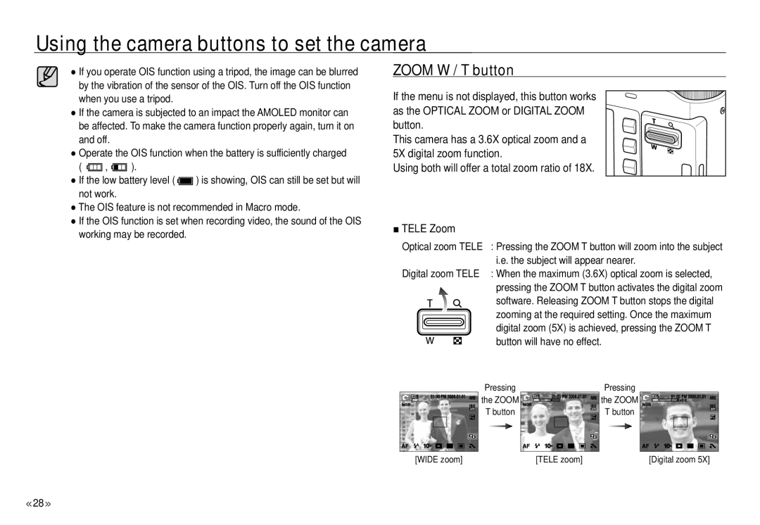 Samsung NV24 HD, ECNV24HBBA manual Zoom W / T button, Subject will appear nearer, Digital zoom Tele 