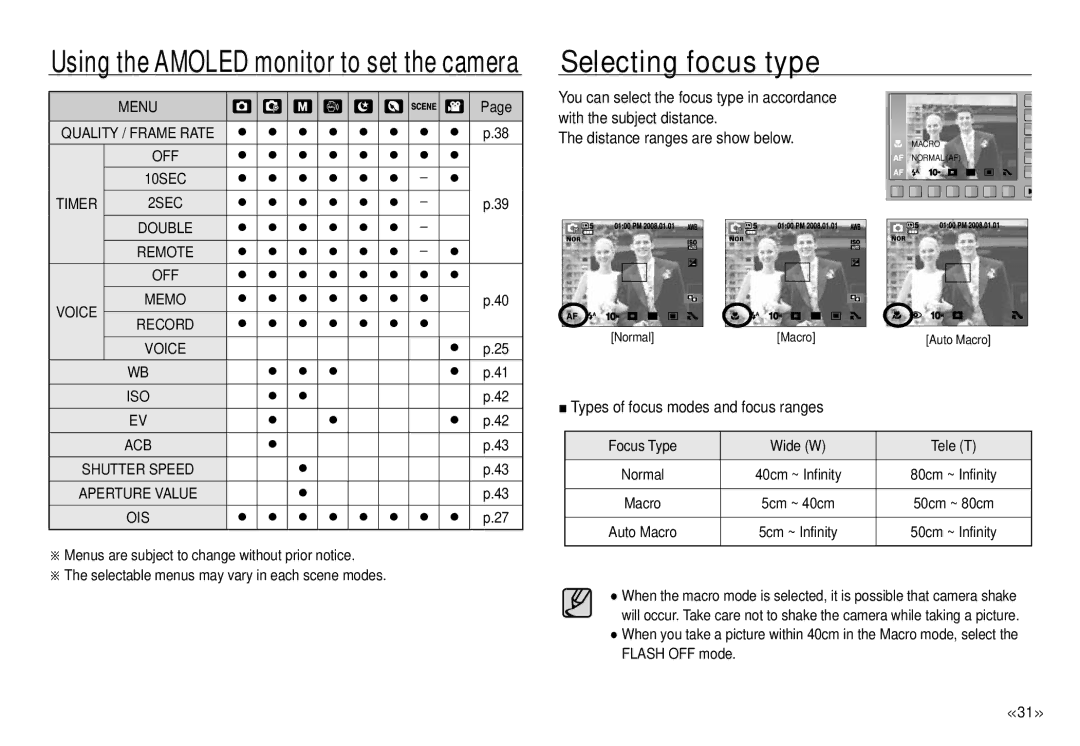 Samsung ECNV24HBBA, NV24 HD manual Selecting focus type, Types of focus modes and focus ranges, Focus Type Wide W Tele T 