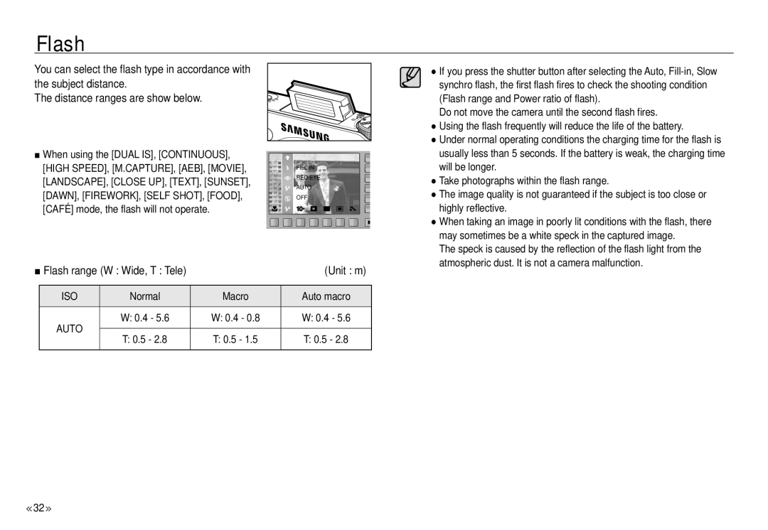 Samsung NV24 HD, ECNV24HBBA manual Flash, When using the Dual IS, Continuous, Café mode, the flash will not operate, Unit m 