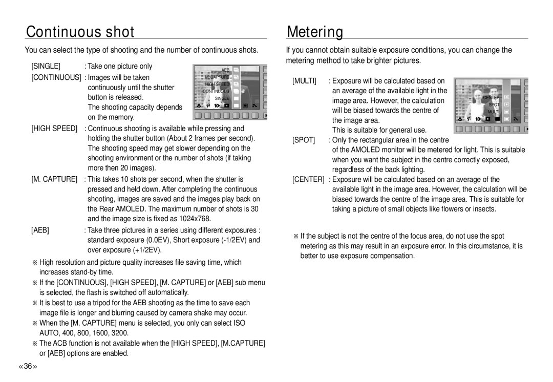 Samsung NV24 HD, ECNV24HBBA manual Continuous shot, Metering 