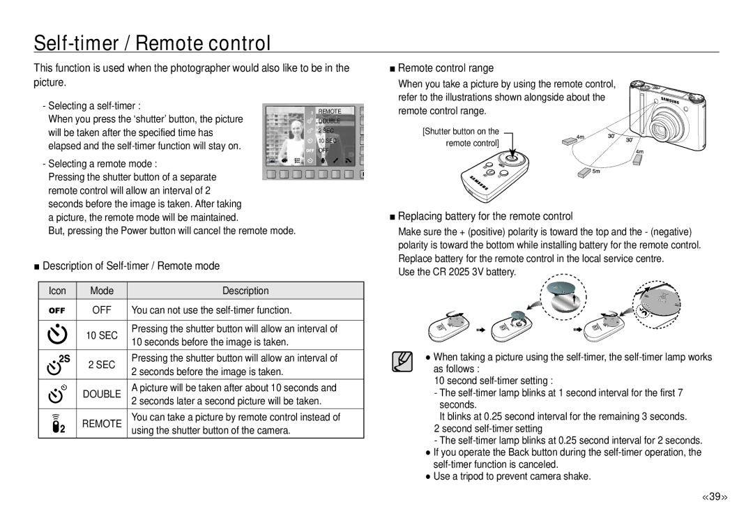 Samsung ECNV24HBBA, NV24 HD Self-timer / Remote control, Description of Self-timer / Remote mode, Remote control range 