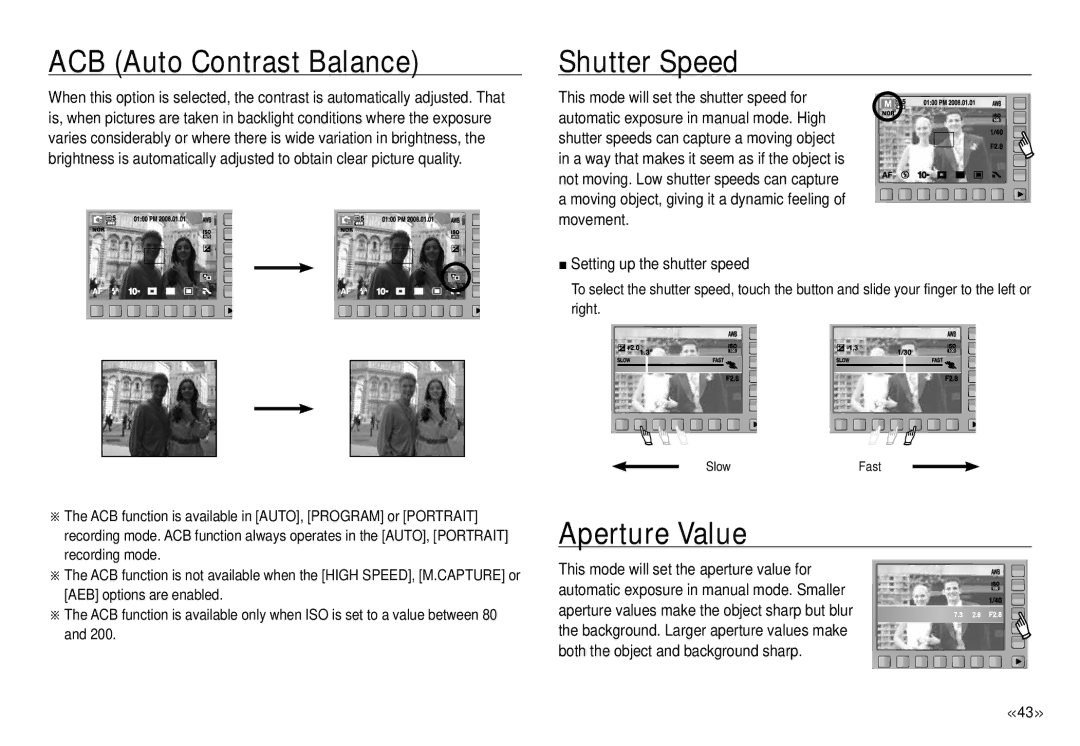 Samsung ECNV24HBBA, NV24 HD manual ACB Auto Contrast Balance, Shutter Speed, Aperture Value, Setting up the shutter speed 