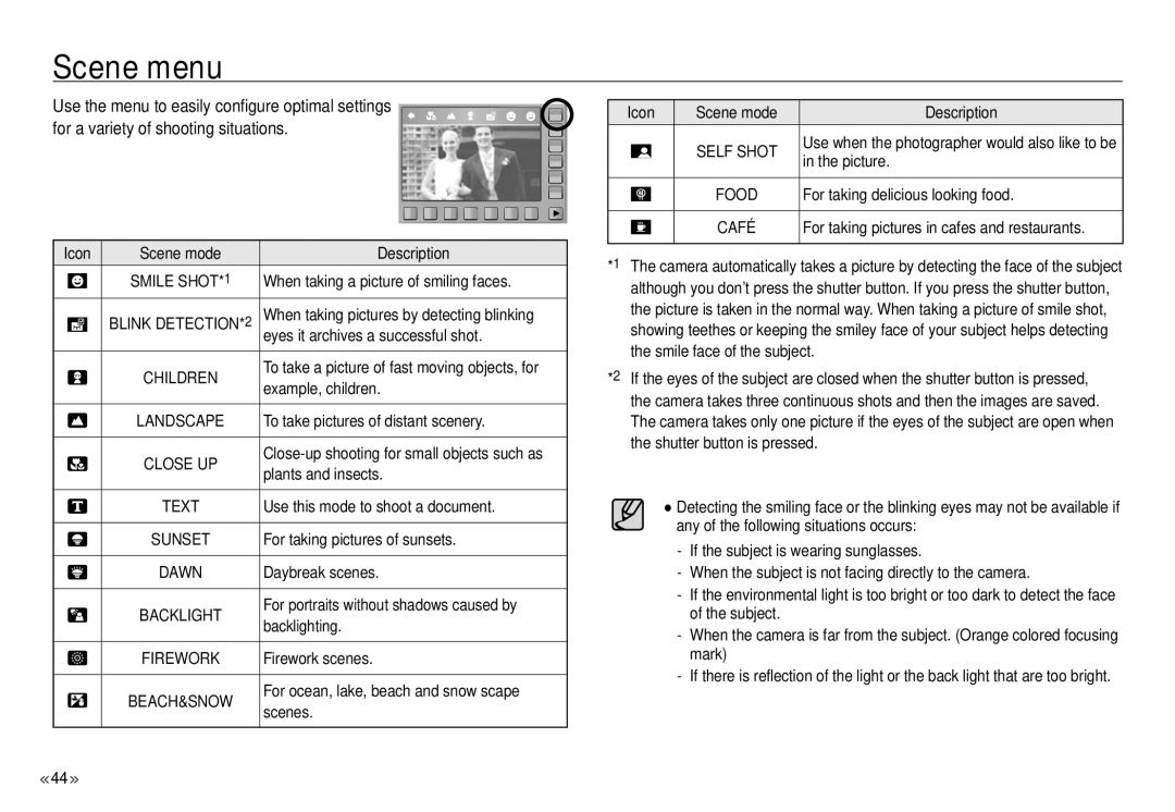 Samsung NV24 HD, ECNV24HBBA manual Scene menu 