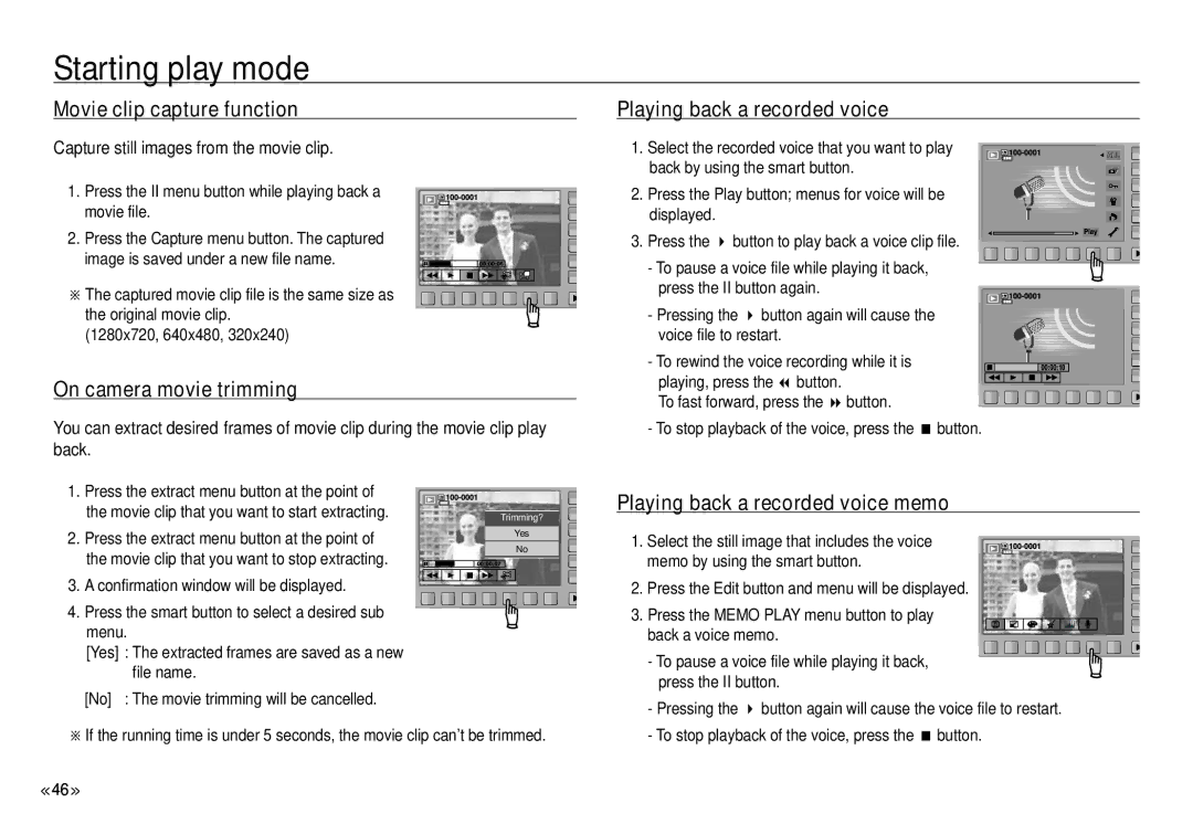 Samsung NV24 HD, ECNV24HBBA manual Movie clip capture function, On camera movie trimming, Playing back a recorded voice 