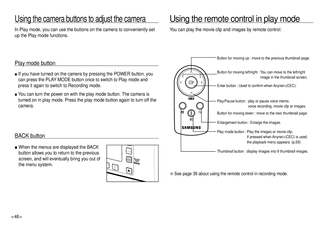 Samsung NV24 HD, ECNV24HBBA manual Using the camera buttons to adjust the camera, Play mode button, Back button 