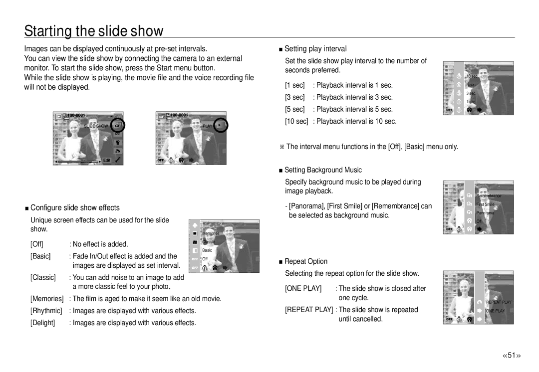 Samsung ECNV24HBBA, NV24 HD manual Starting the slide show, Images can be displayed continuously at pre-set intervals 