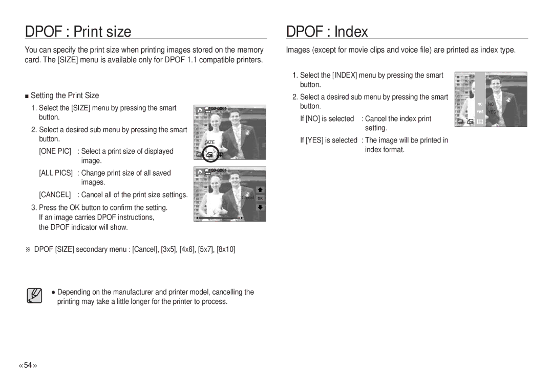 Samsung NV24 HD, ECNV24HBBA manual Dpof Print size, Dpof Index, Setting the Print Size 