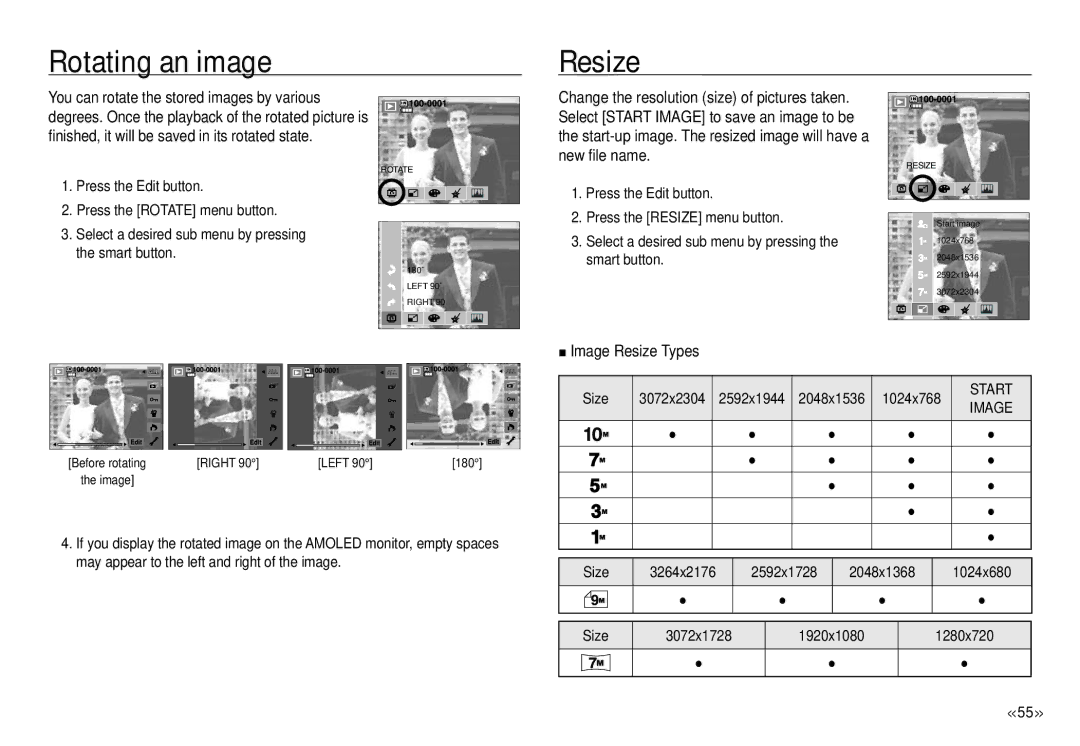 Samsung ECNV24HBBA, NV24 HD manual Rotating an image Resize, Image Resize Types 